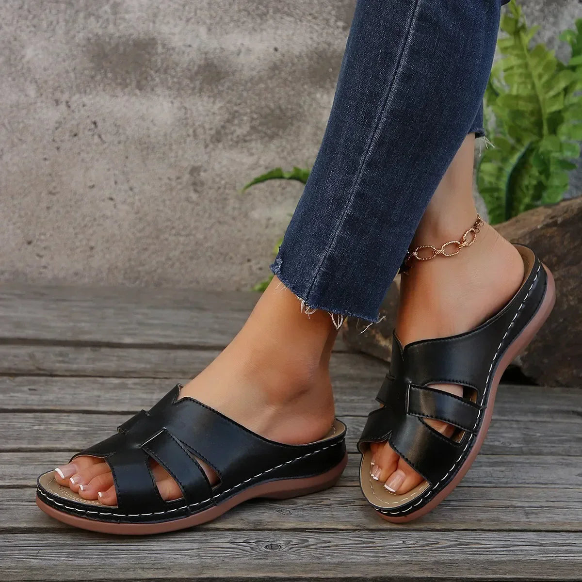 High Heel Leather Summer Sandals - black / 3