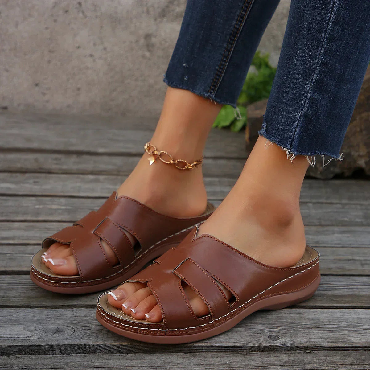 High Heel Leather Summer Sandals - Brown / 3