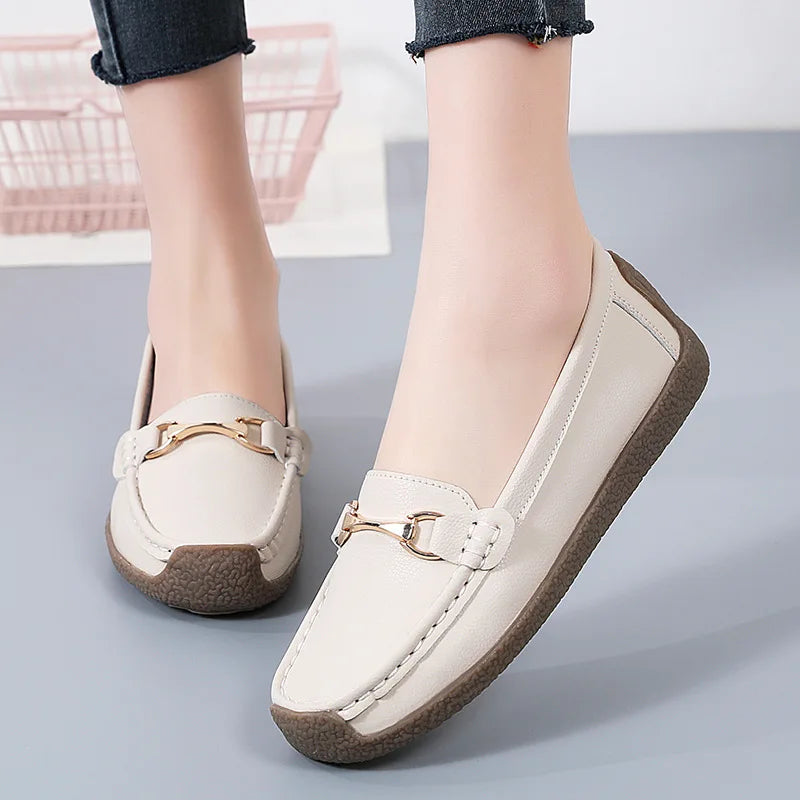 Womens Leather Moccasins - beige / 2